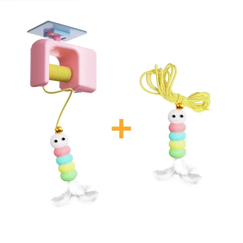 Pink toy with yellow string and colorful bead charm on a white background