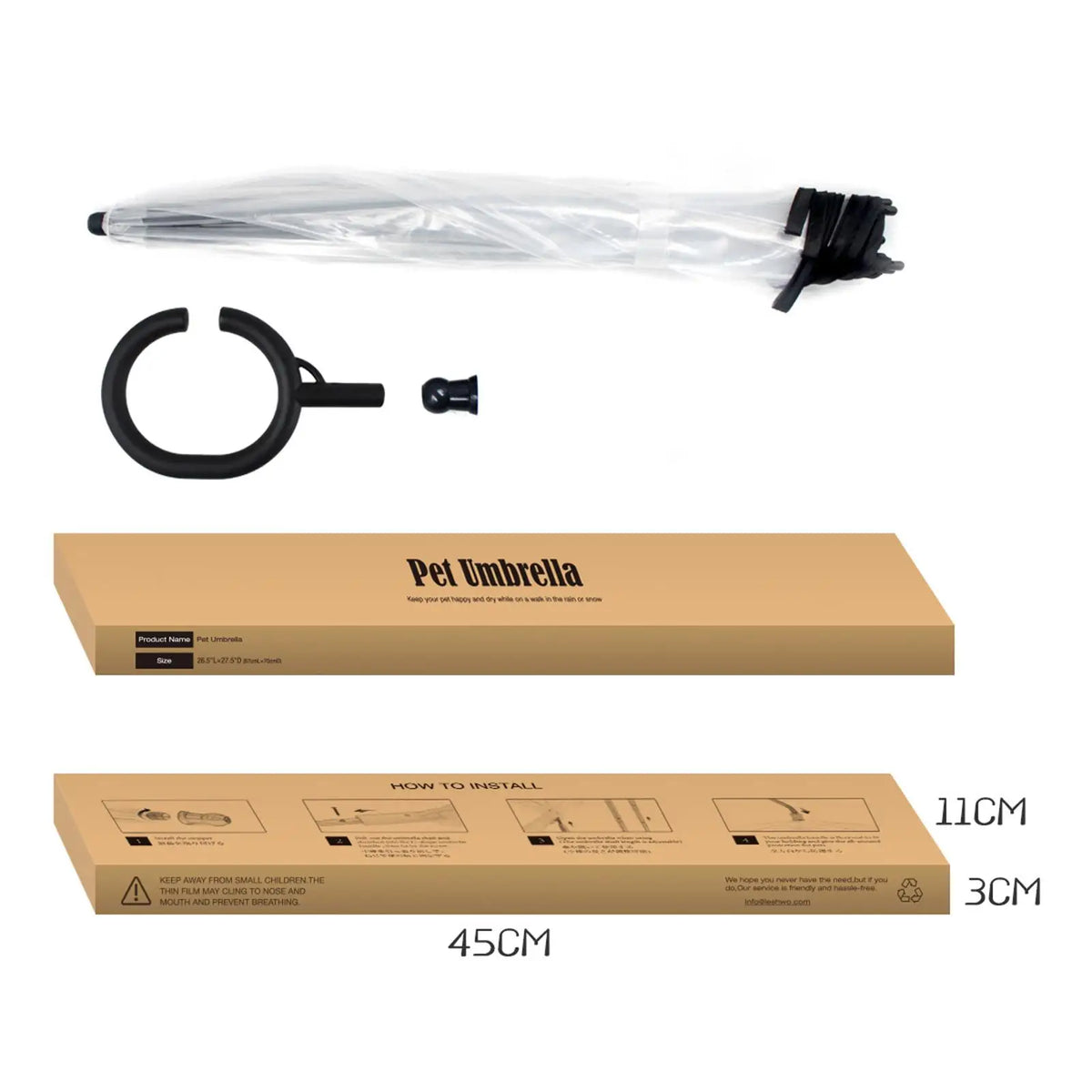 A pet umbrella set shown on a white background, including the folded transparent umbrella, black metal mounting hardware, and the product box. Measurement labels indicate 11CM, 3CM, and 45CM on the box.