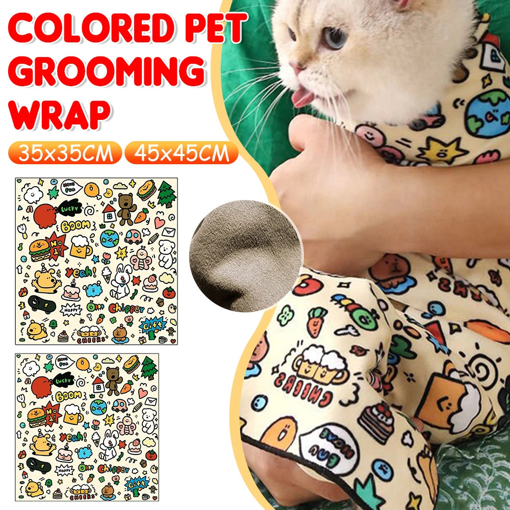 Pet grooming wrap with colorful designs held by a person, showing texture and size options.