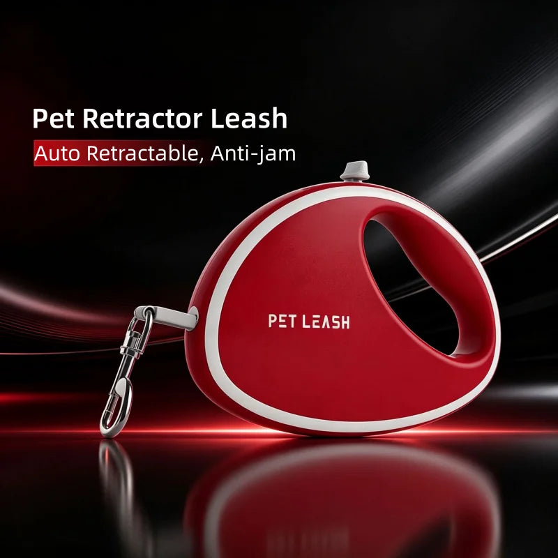 Red retractable pet leash with a white trim and silver metal clip, shown on a dark reflective background with promotional text reading 'Pet Retractor Leash' and 'Auto Retractable, Anti-jam'.