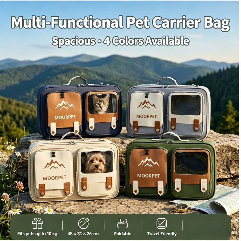 Four MOORPET pet carrier bags shown outdoors on a rock with mountains in the background, each with a different color: navy, light gray, cream, and olive green. Large text at the top reads 'Multi-Functional Pet Carrier Bag' and 'Spacious • 4 Colors Available.