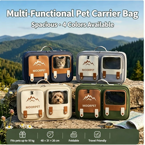 Four MOORPET pet carrier bags shown outdoors on a rock with mountains in the background, each with a different color: navy, light gray, cream, and olive green. Large text at the top reads 'Multi-Functional Pet Carrier Bag' and 'Spacious • 4 Colors Available.
