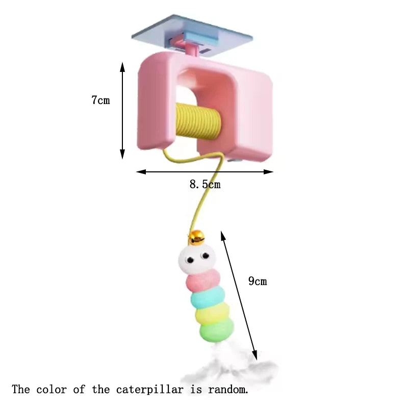 Measurement chart of a colorful caterpillar toy with dimensions labeled.