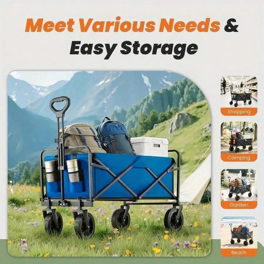 A blue folding utility wagon with black wheels and frame, shown loaded with camping gear in an outdoor mountain meadow. Large text at the top reads 'Meet Various Needs & Easy Storage,' with small inset photos on the right showing use cases: shopping, camping, garden, and beach.