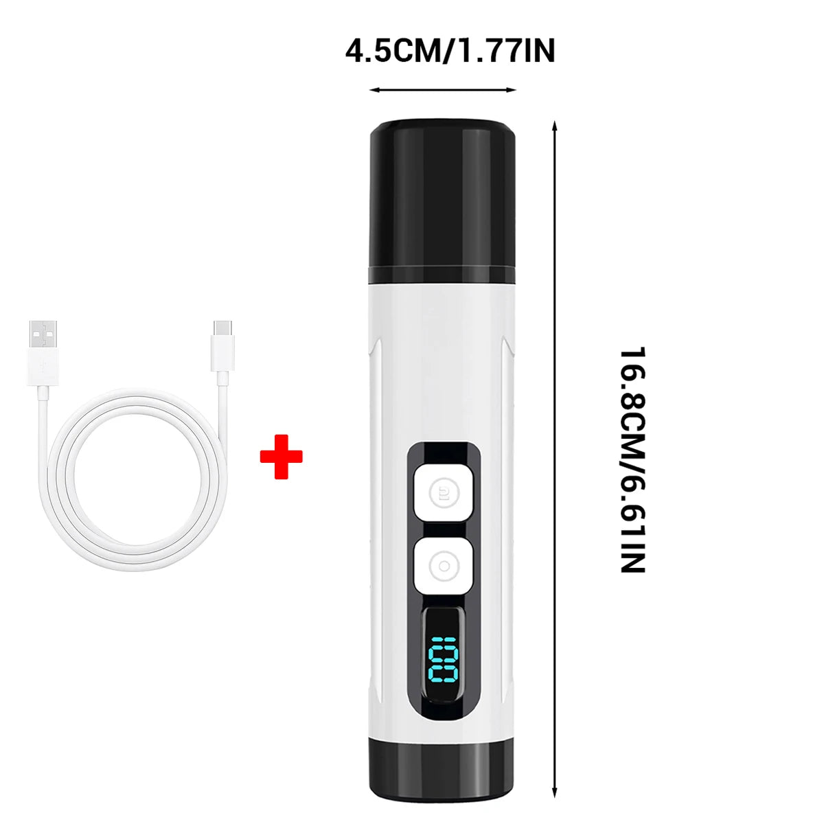 White electronic device with black top and digital display, USB cable, and measurements on a white background