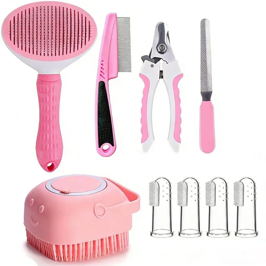 Set of pet grooming tools including a brush, comb, nail clippers, and nail files on a white background.