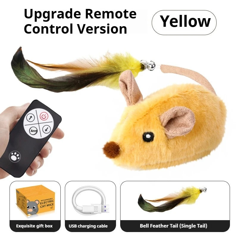Yellow remote control cat toy mouse with feather tail on a white background