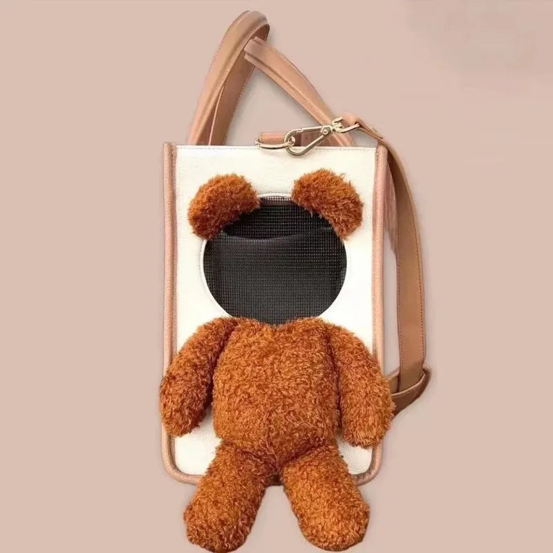 Small backpack with a teddy bear design on a beige background