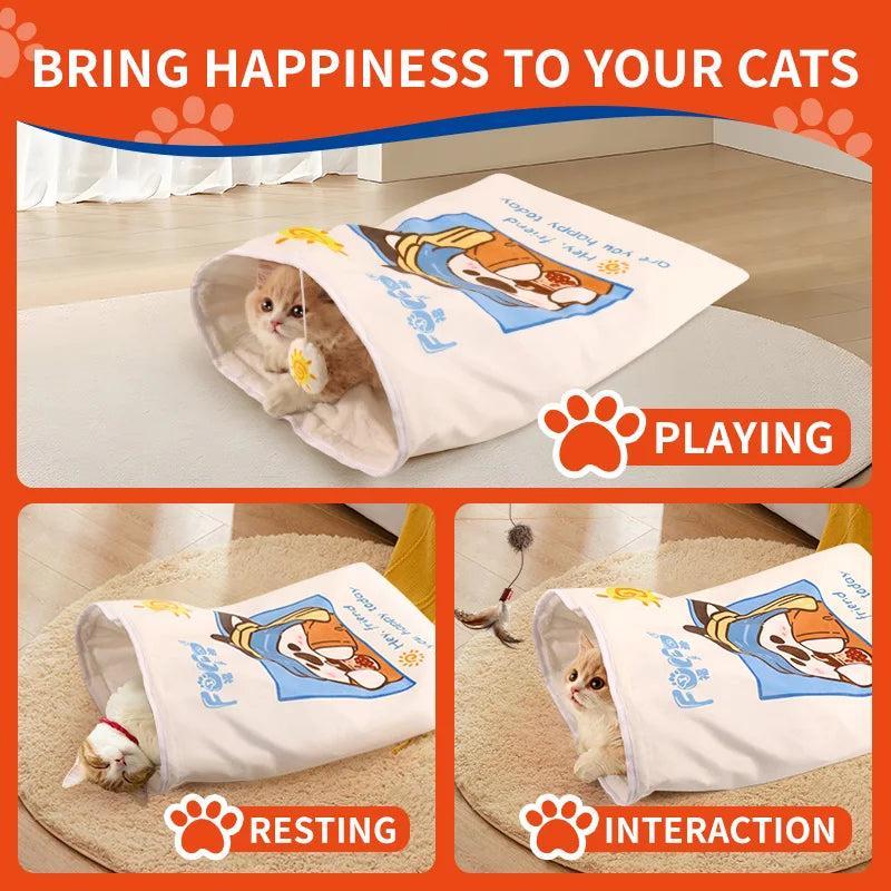 Cat tunnel with text 'Bring happiness to your cats' and icons indicating playing, resting, and interaction.