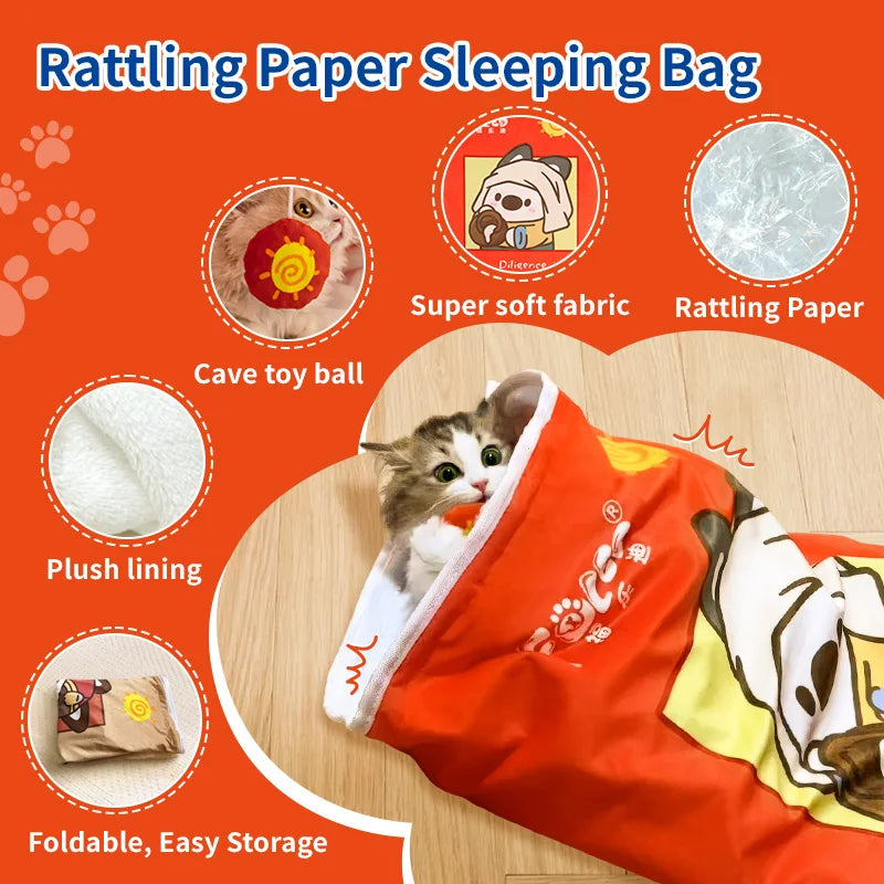 Cat sleeping bag with features highlighted on an orange background