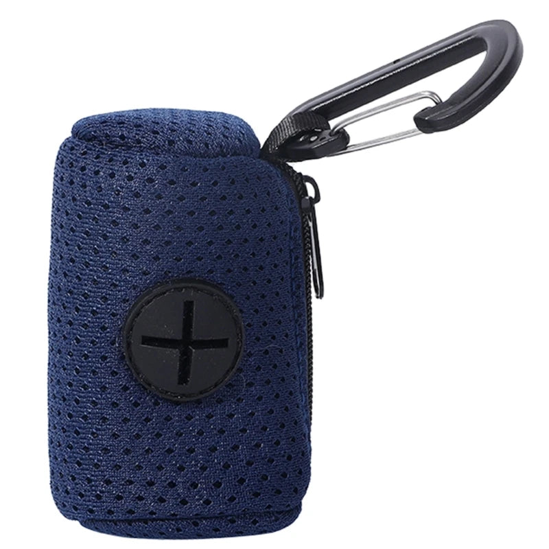 Blue textured case with black carabiner on a white background