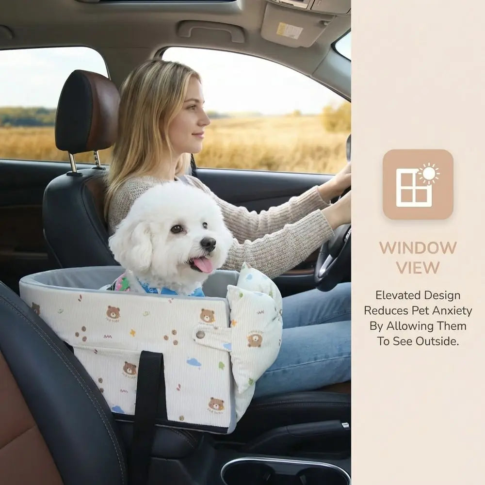 Cartoon Dog Car Seat with Safety Leash | Soft Corduroy Pet Booster Seat for Small Dogs