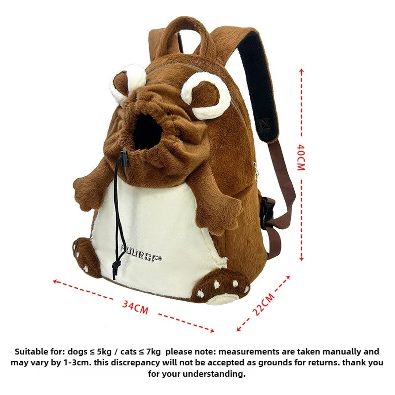 A plush dog-shaped backpack shown on a white background with red dashed measurement lines and text indicating dimensions 34cm, 22cm, and 40cm. The backpack is brown and white with black straps and a black drawstring opening.