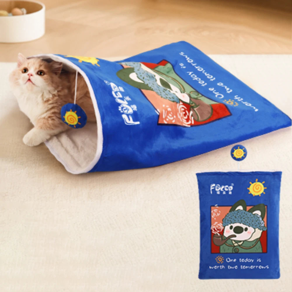 Cat playing with a blue pet tunnel toy on a wooden floor.
