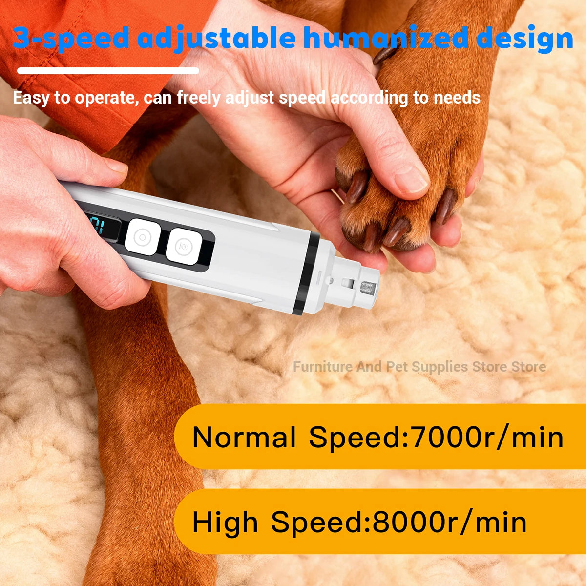 Person using a pet grooming tool on a dog's paw with text about speed adjustment.