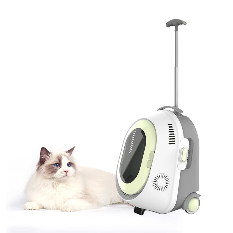 A white and gray rolling cat carrier with wheels and an extendable handle, shown next to a fluffy white cat with blue eyes on a clean white background.