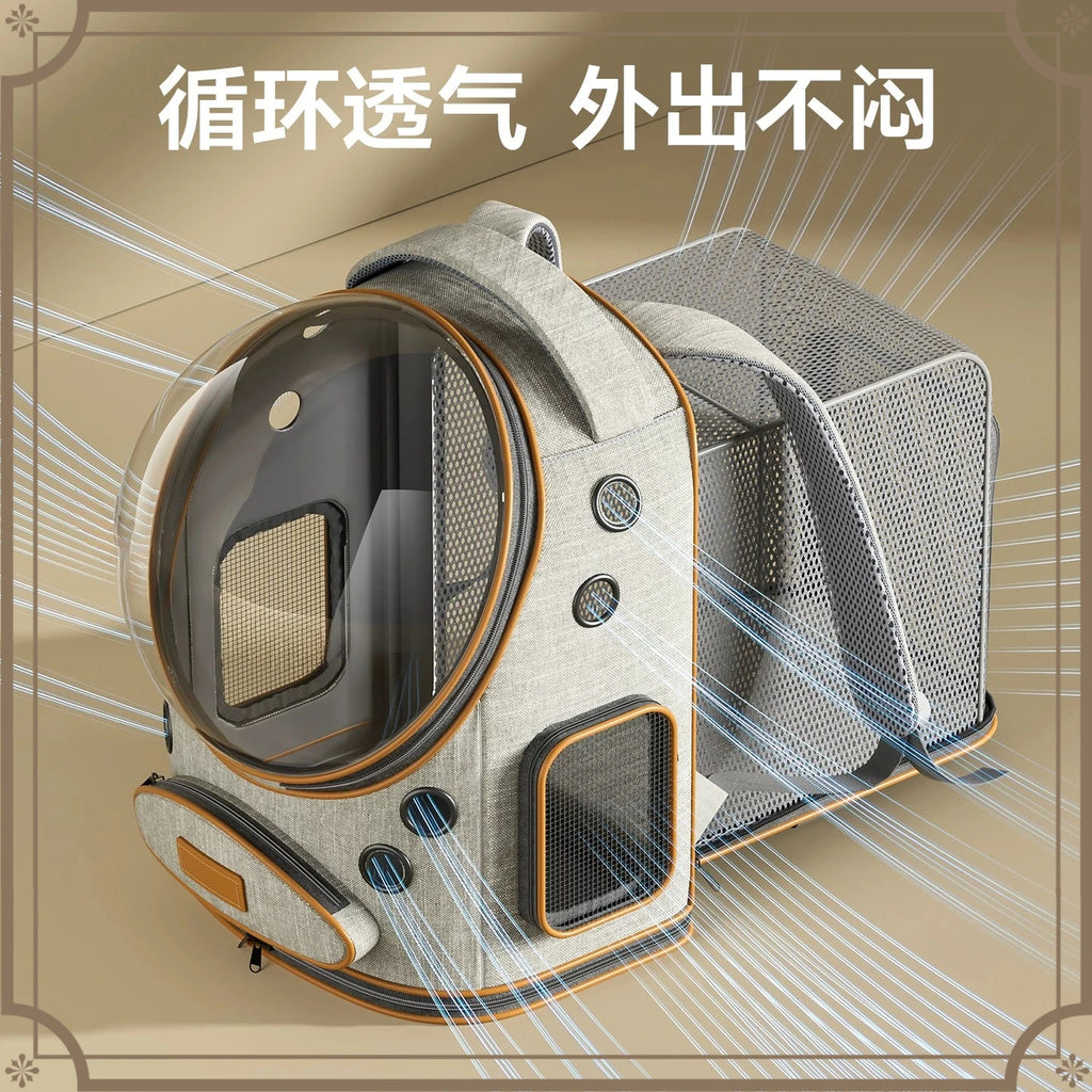A pet carrier backpack with a transparent bubble head, mesh ventilation panels, and a side storage pocket, shown on a beige background with Chinese promotional text and light line graphics.
