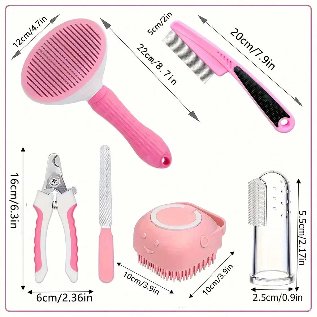 Set of pink pet grooming tools with measurements