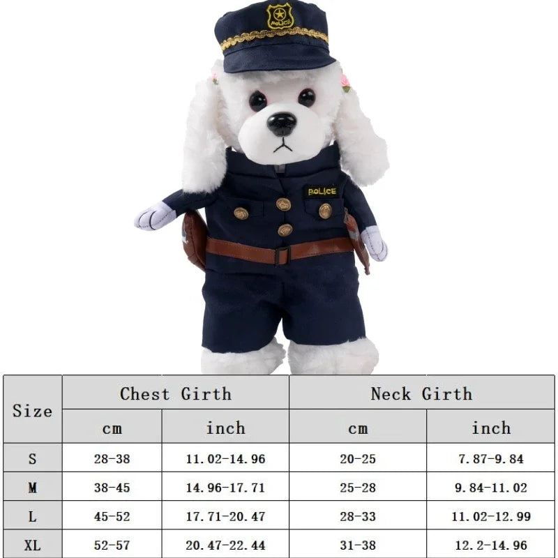 Stuffed toy dog in police uniform with size chart on a white background