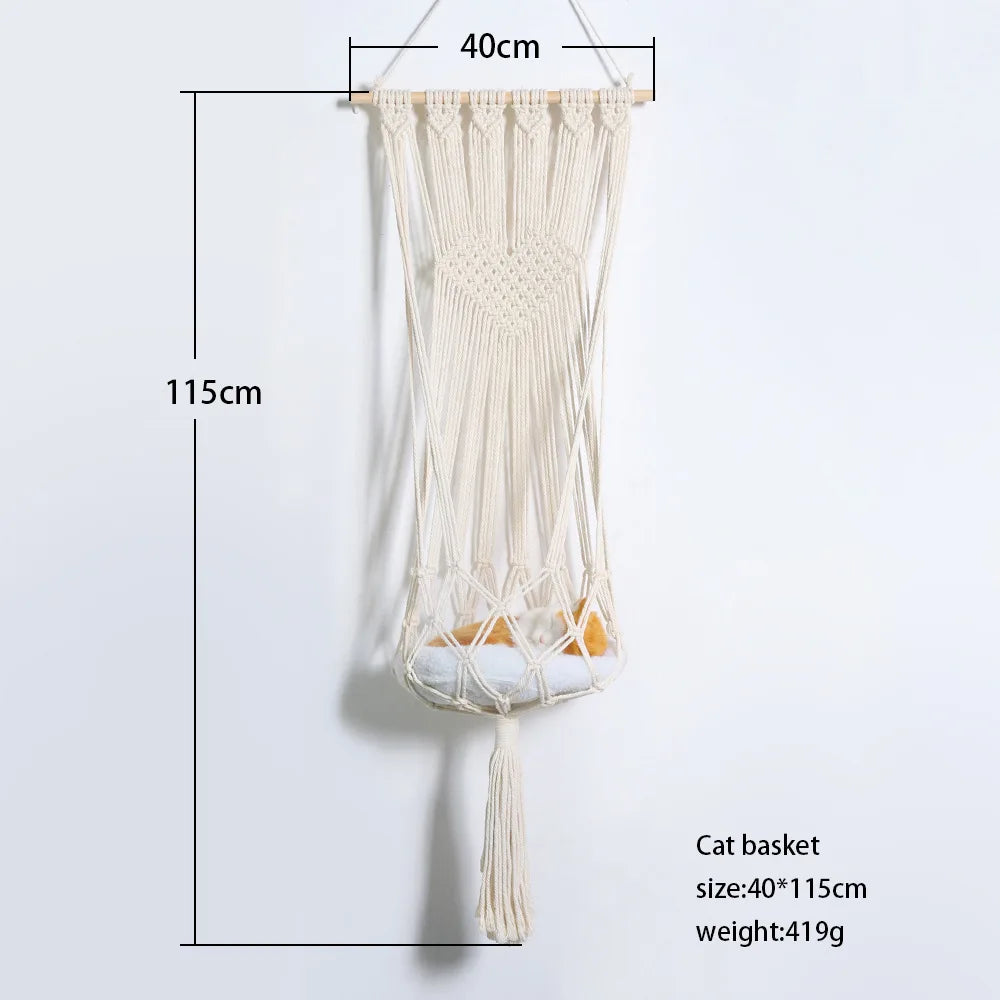Bohemian Cat Hammock Swing Bed – Handwoven Cotton Macramé