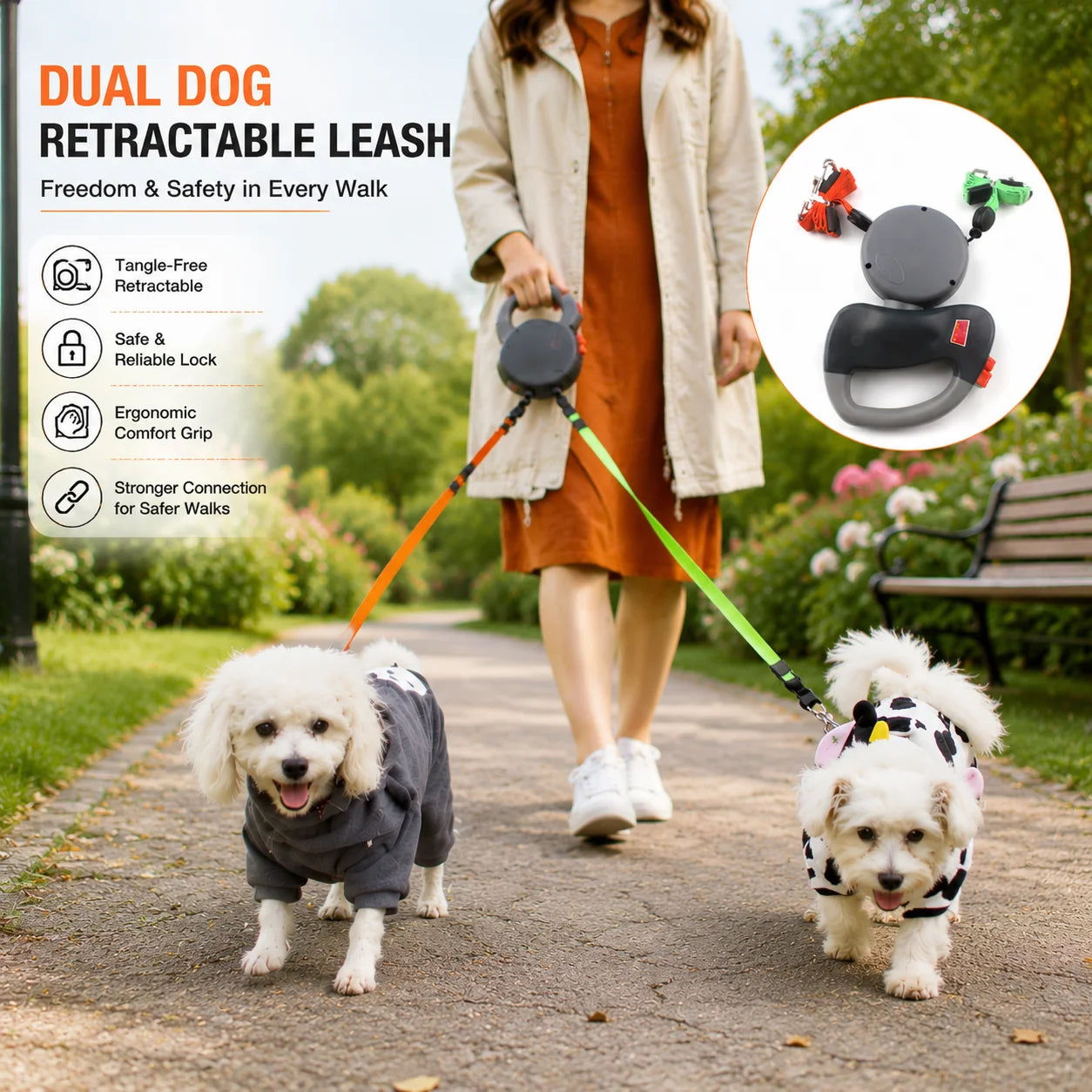 A woman walks two small dogs on a park path using retractable dog leashes. The image includes marketing text on the left, a circular inset showing the leash mechanism, and the leashes are attached to the dogs' collars.