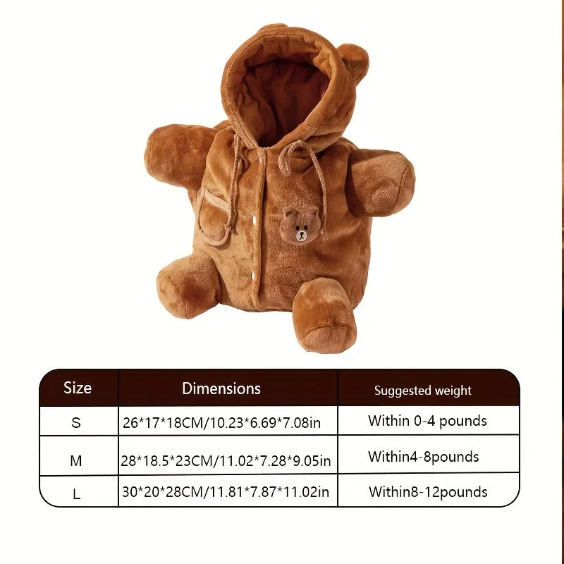 Brown plush teddy bear hooded jacket shown above a size chart table with dimensions and suggested weights for S, M, and L sizes.