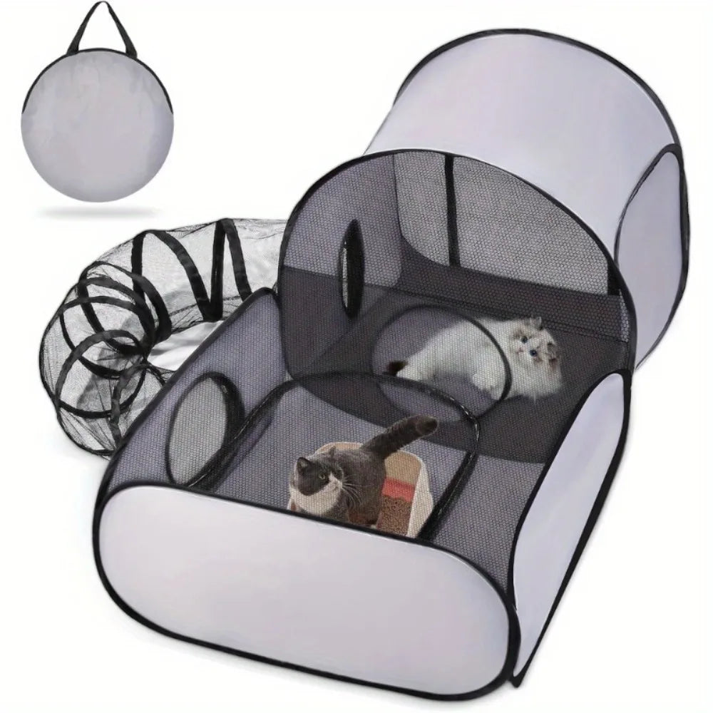 Pet playpen with mesh sides and a white base, featuring two cats inside.