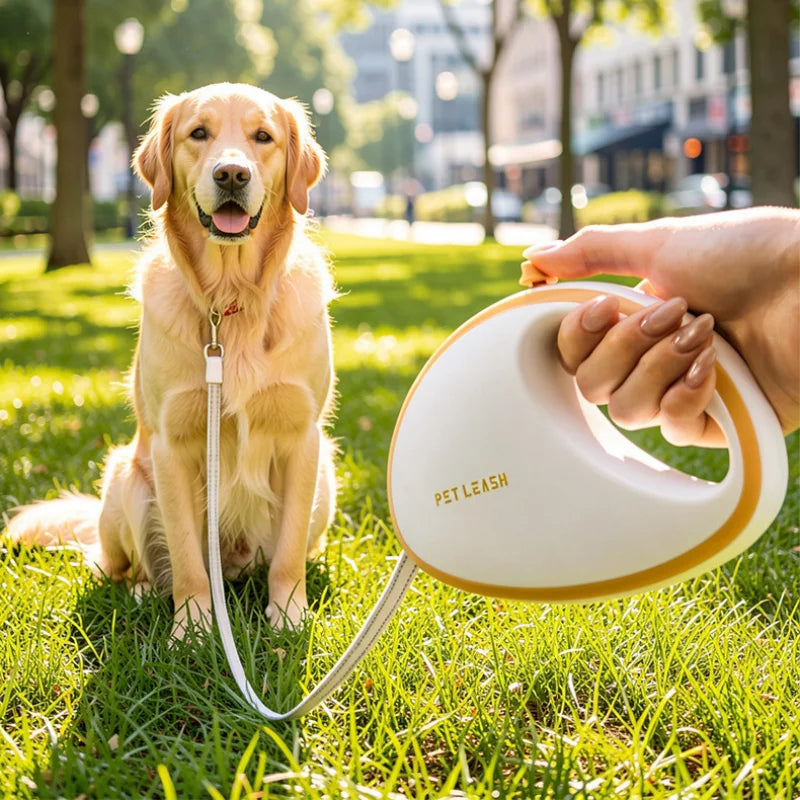 A golden retriever sits on grass in a sunny park while a person holds a white and gold retractable pet leash in the foreground. The leash has the brand name 'PET LEASH' printed on it.