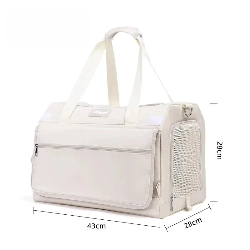 Beige pet carrier with dimensions on a white background