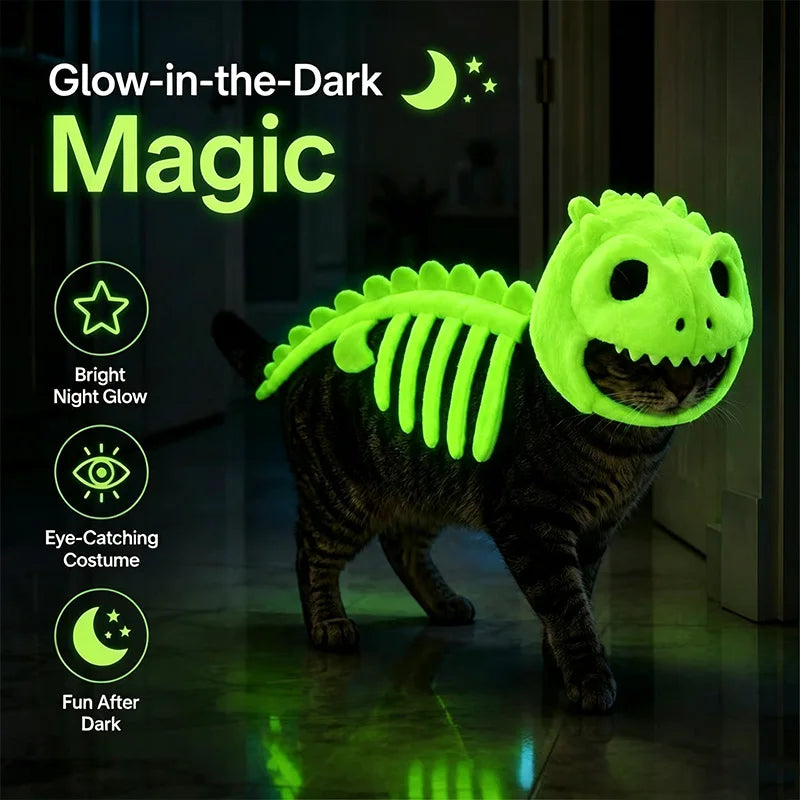 A cat wearing a glowing neon green dinosaur skeleton costume in a dark indoor setting, with promotional text and icons highlighting glow-in-the-dark brightness, eye-catching design, and fun after dark.