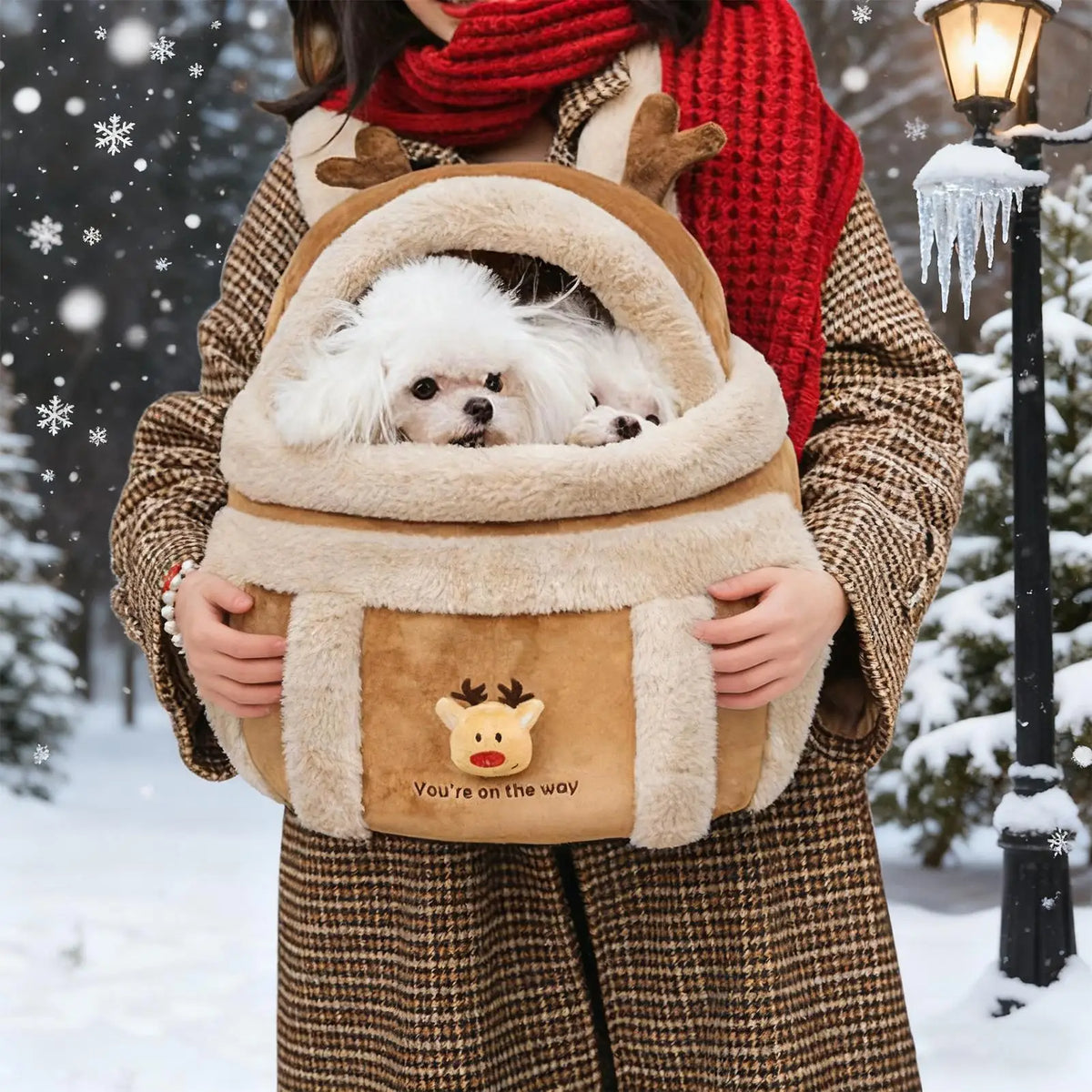 Person holding a dog in a festive dog carrier with reindeer design against a snowy background.