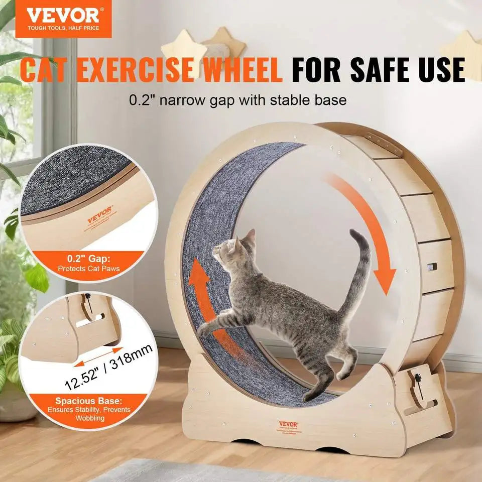 Cat exercise wheel with VEVOR branding on a wooden floor.