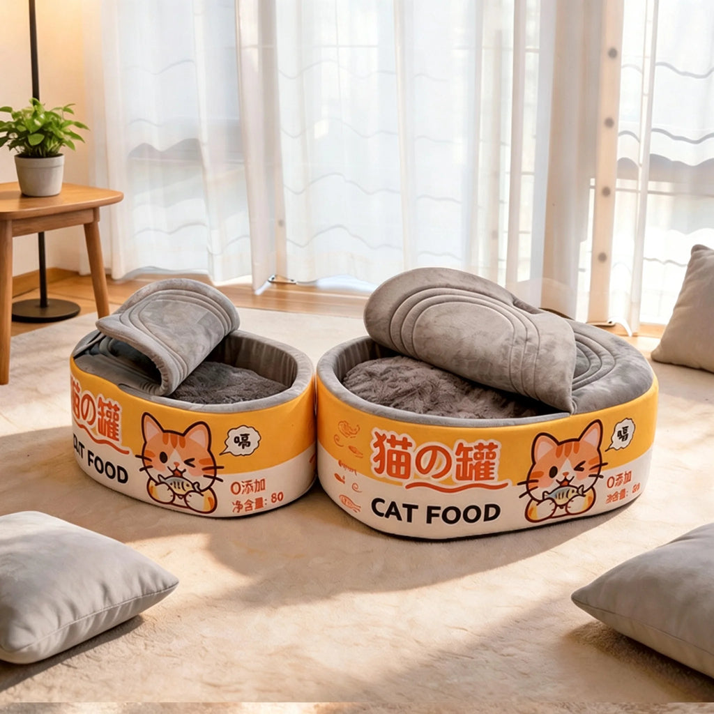 Two round cat bed pet beds styled like cat food cans, shown in a warm, sunlit room with sheer curtains and cushions. The beds are gray with orange and white labels featuring cartoon cats and the text 'CAT FOOD'.