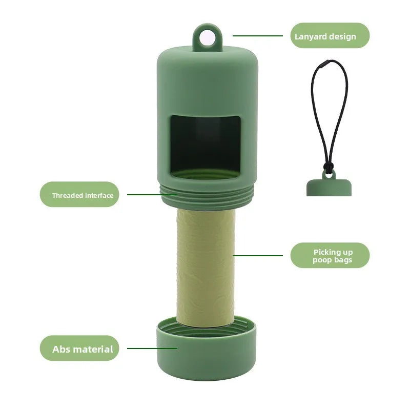 Green pet waste bag dispenser with labeled features on a white background