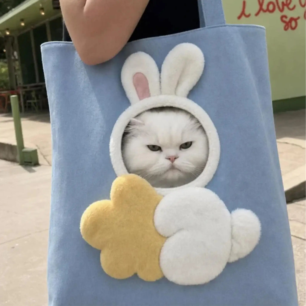 A light blue canvas tote bag with a plush bunny hood and a yellow flower applique, featuring a white cat's face peeking out from the hood. The bag is being held by a person in an outdoor setting.