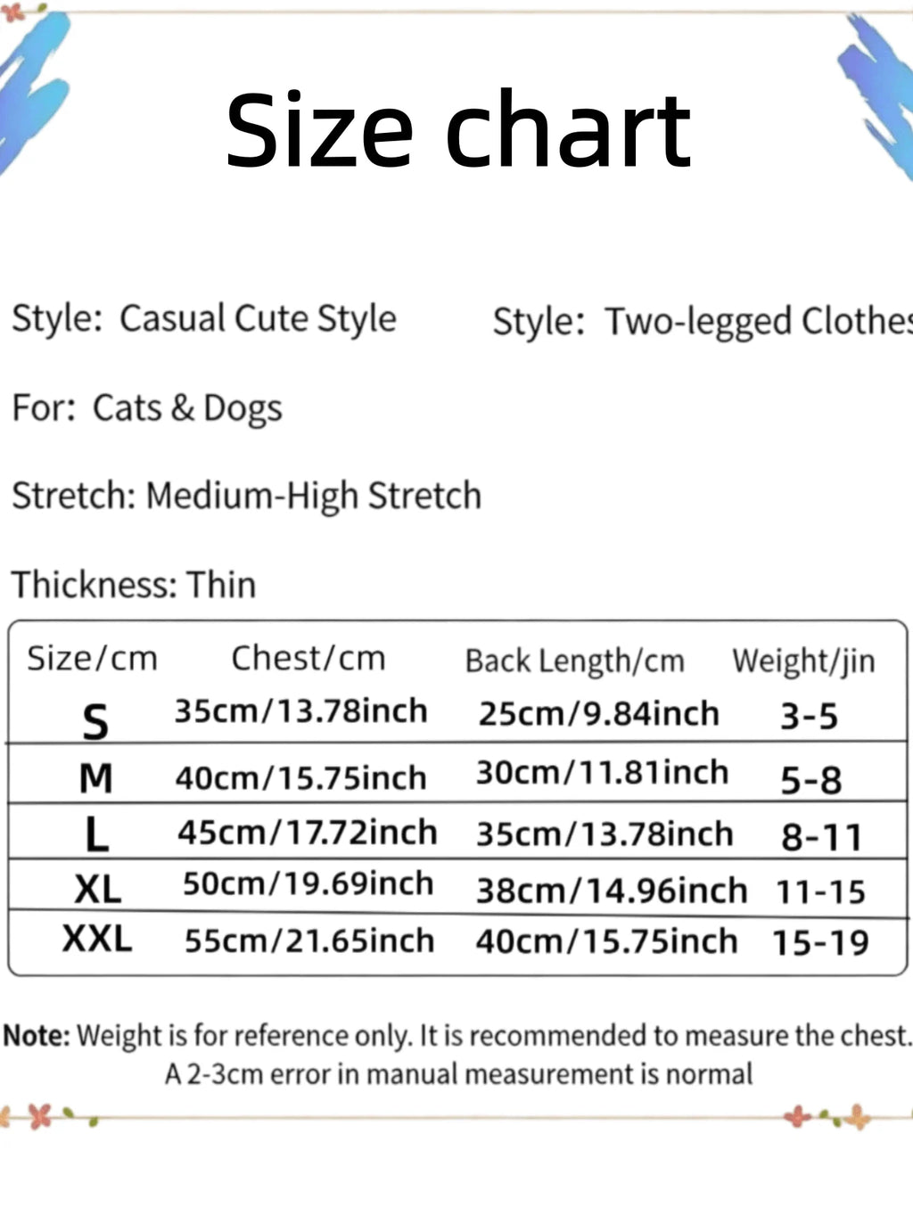 Size chart for clothing for cats and dogs with measurements and weight information.