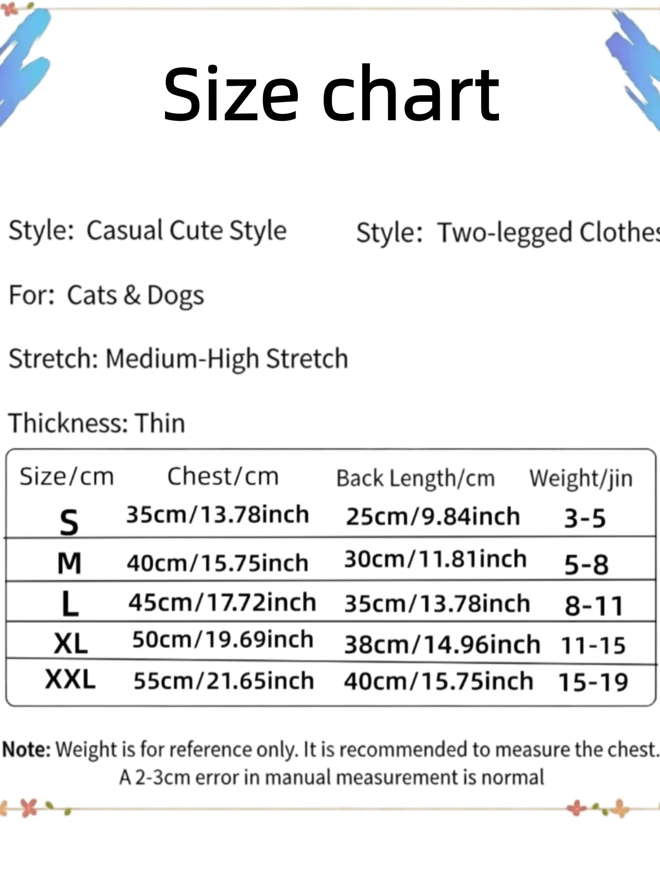 Size chart for clothing for cats and dogs with measurements and weight information.