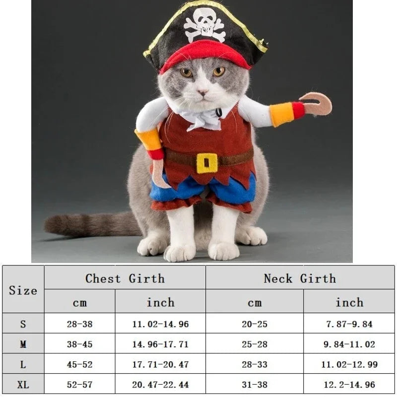 Cat wearing a pirate costume with a size chart below