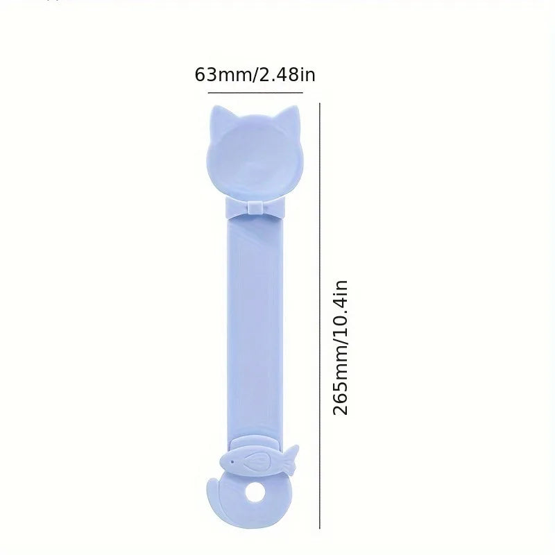 Blue cat-shaped tool with measurements on a white background