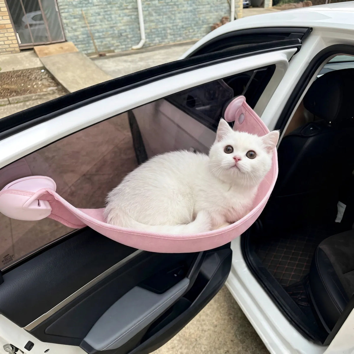 A white cat rests in a pink car window hammock attached to an open car door.