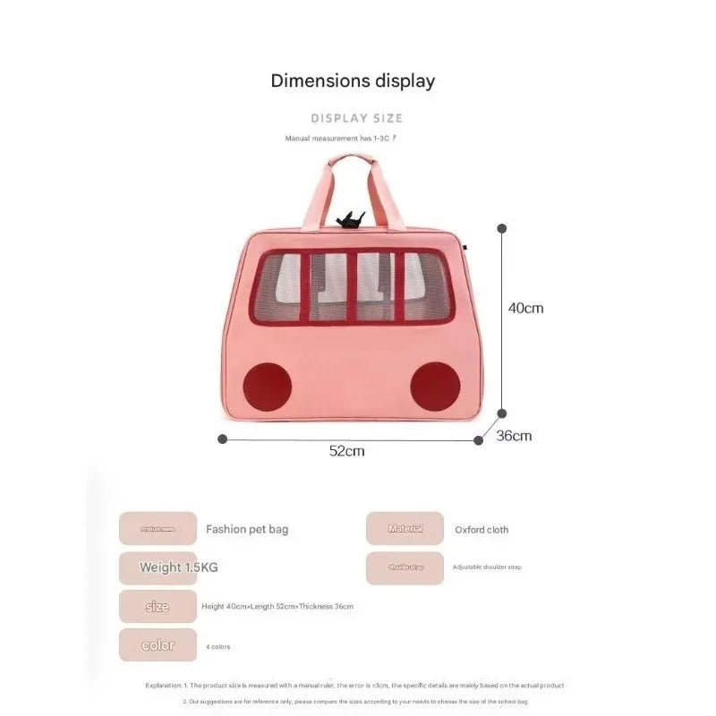 Dimensions of a pink pet carrier with measurements displayed.