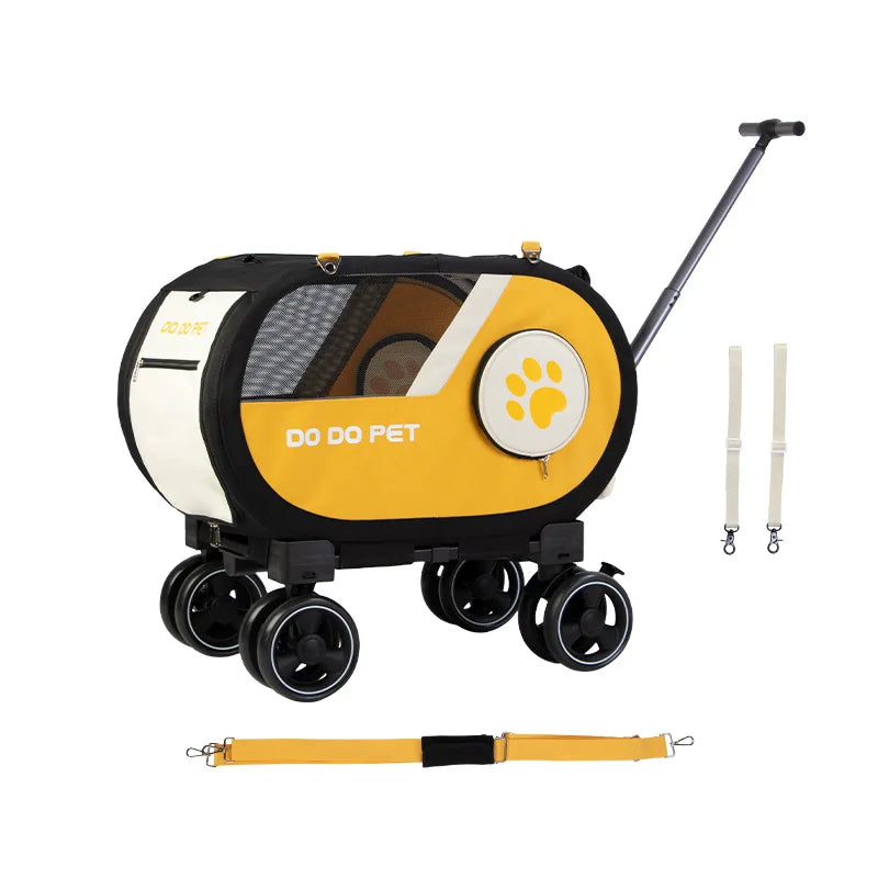 A yellow and black wheeled pet carrier with a handle, shown on a white background with two cream pet straps and a matching yellow strap laid out below. The carrier has a large paw print logo and the text 'DO DO PET' on the side.