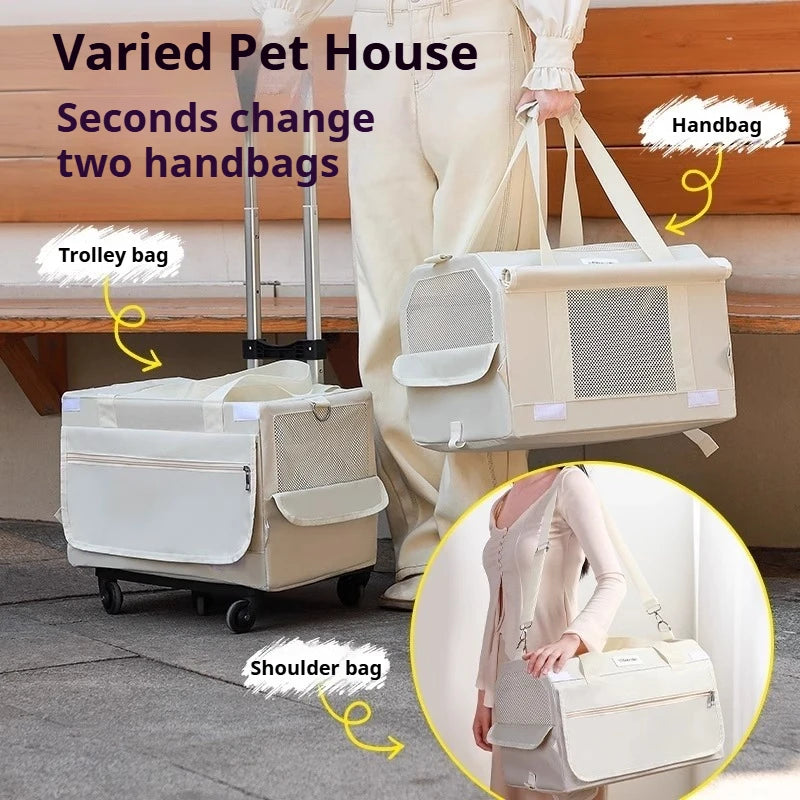 Pet house transforming into different bags with text labels on a wooden floor.