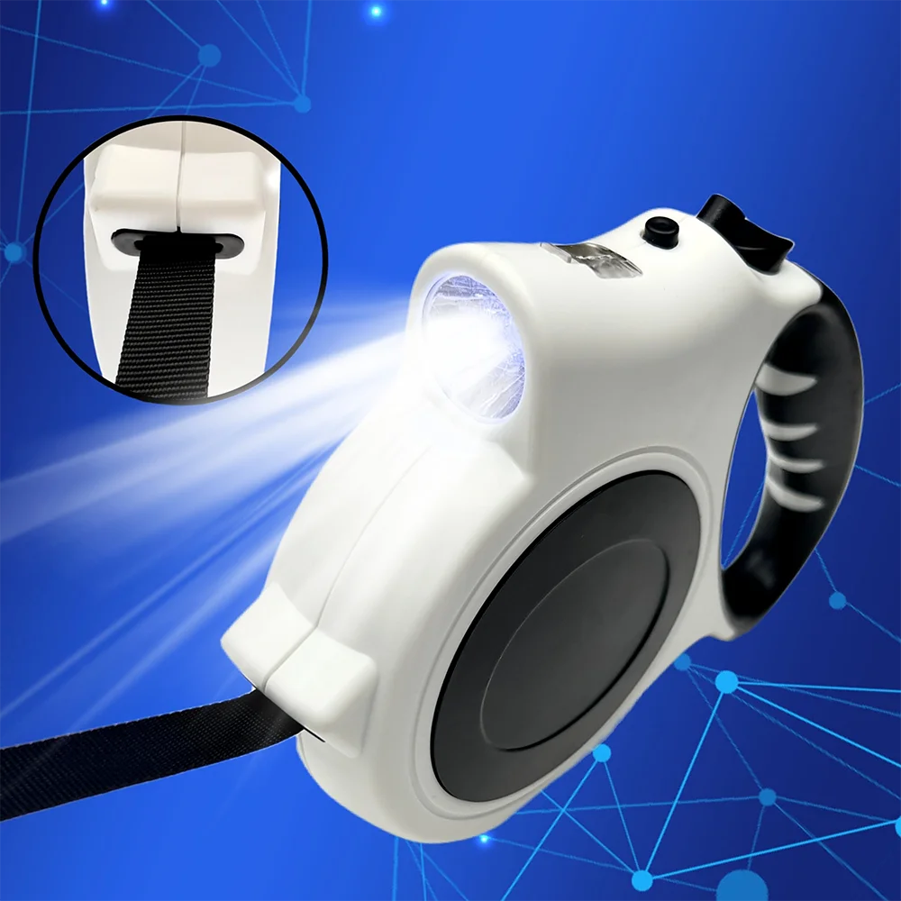 Retractable dog leash with built-in flashlight on a blue background