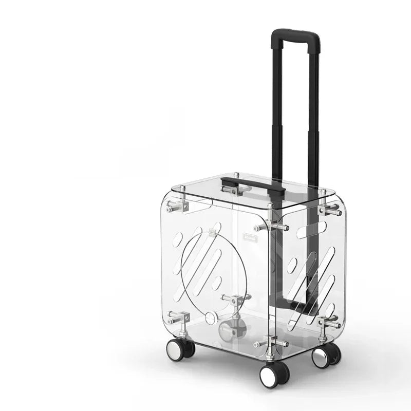 Clear suitcase with black handle and wheels on a white background