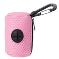 Pink textured pouch with a black carabiner and logo on a white background