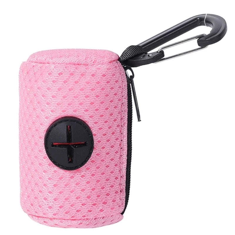 Pink textured pouch with a black carabiner and logo on a white background