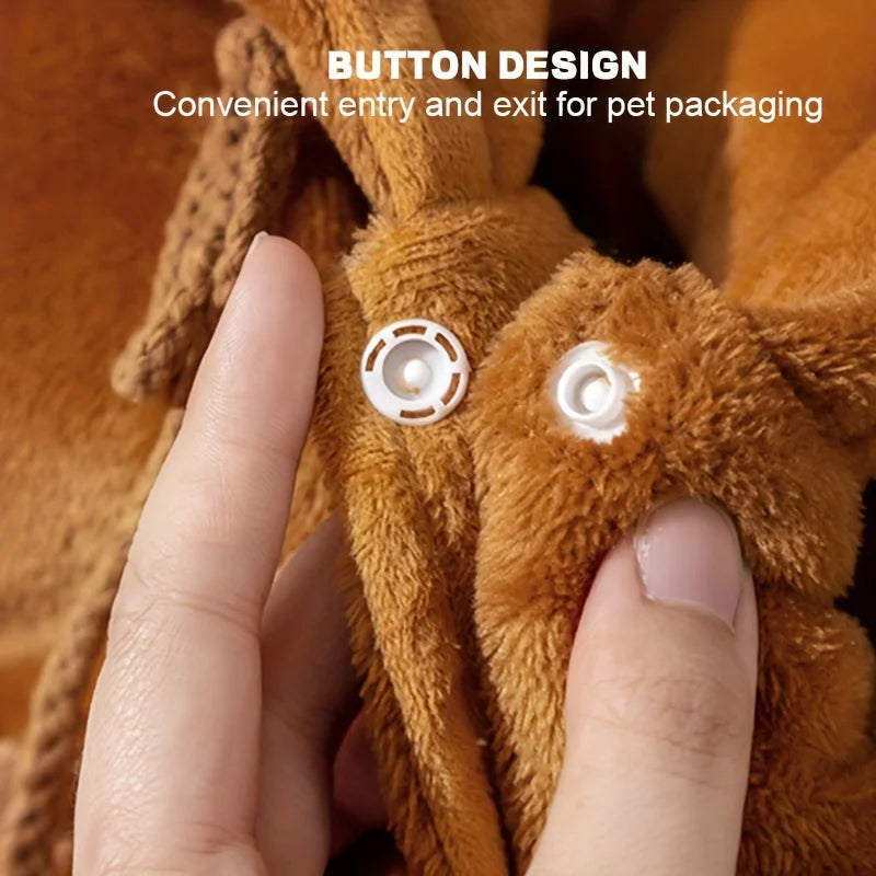 Close-up of a brown plush pet blanket with a hand demonstrating the button design for entry and exit, with text overlay reading 'BUTTON DESIGN Convenient entry and exit for pet packaging'.
