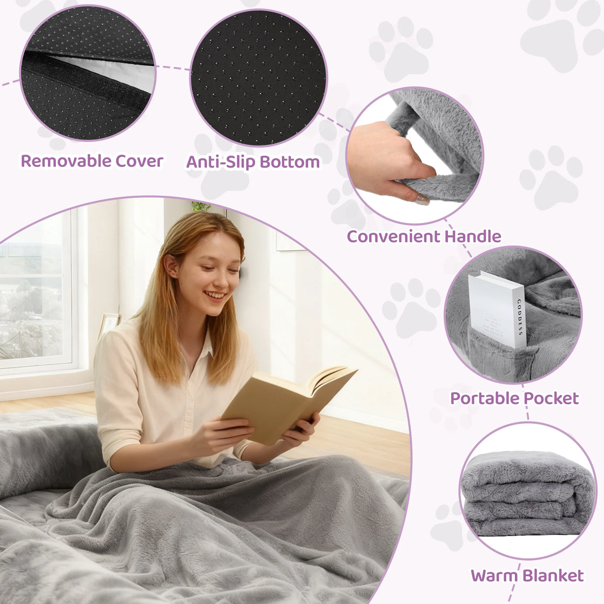 A cozy gray fleece blanket is shown in a lifestyle setting with a woman reading on a bed, surrounded by circular feature callouts highlighting its removable cover, anti-slip bottom, convenient handle, portable pocket, and warm texture.