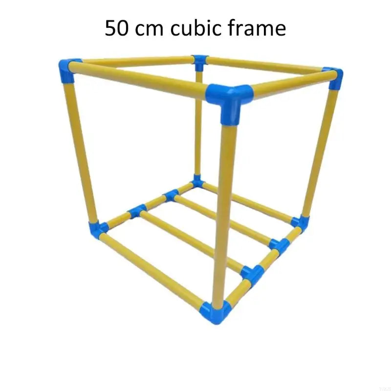 A yellow and blue plastic cube frame structure with text overlay reading '50 cm cubic frame' on a plain white background.